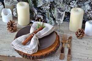 Wood charger on a holiday table