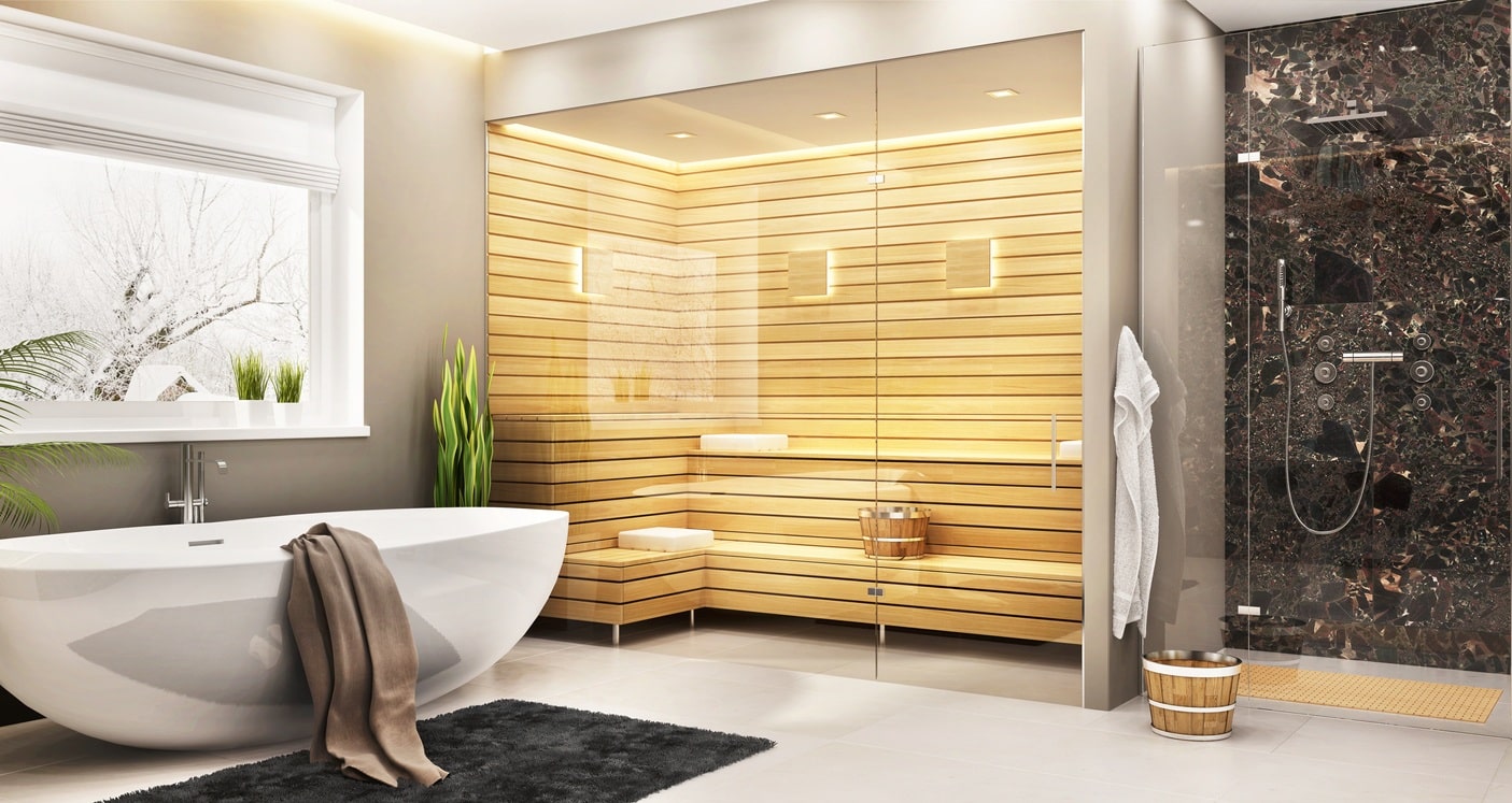 Luxurious master bathroom with sauna and modern bathtub in a custom home