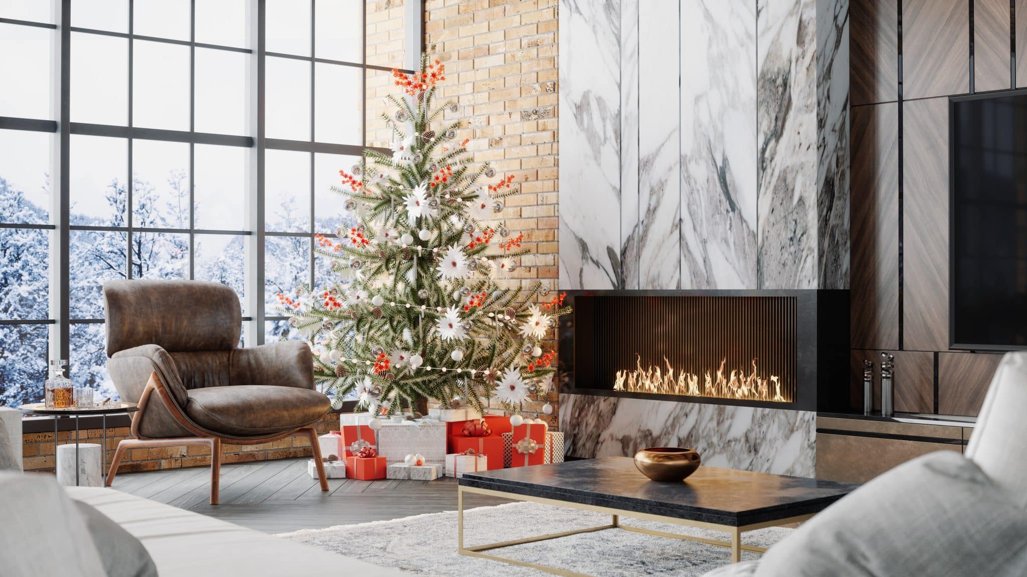 Interior of a luxurious custom home's holiday decorating