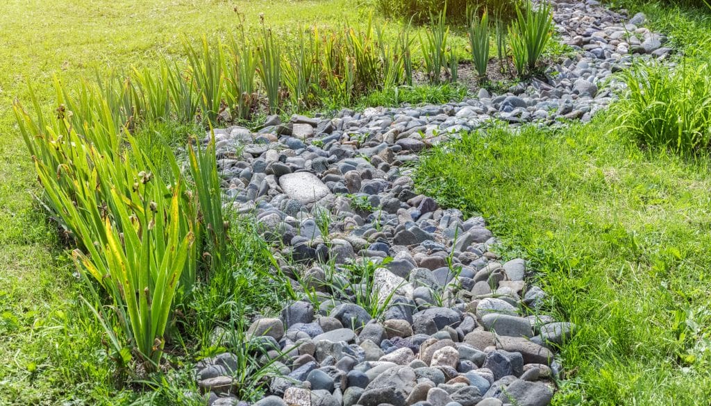 River from stone in a green garden. Landscape creek ideas