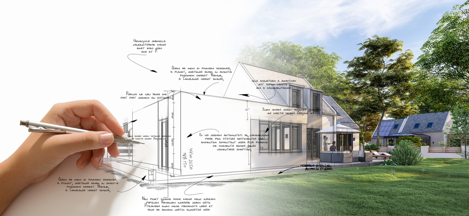 An image of architectural plans gradually fading into a completed build thanks to home builders in Alabama.