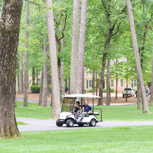 Couple in a golf car with three dogs