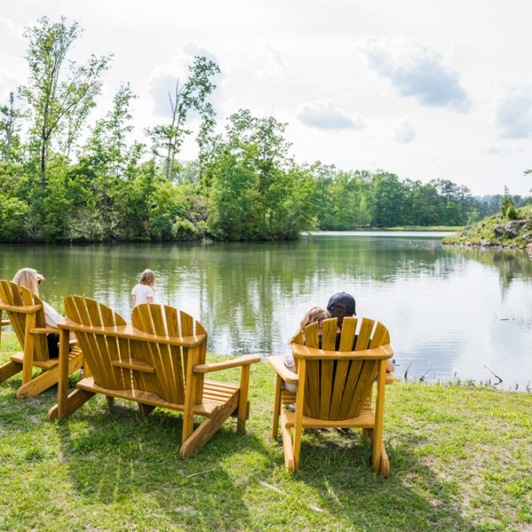Family enjoying the nature in front of a lake