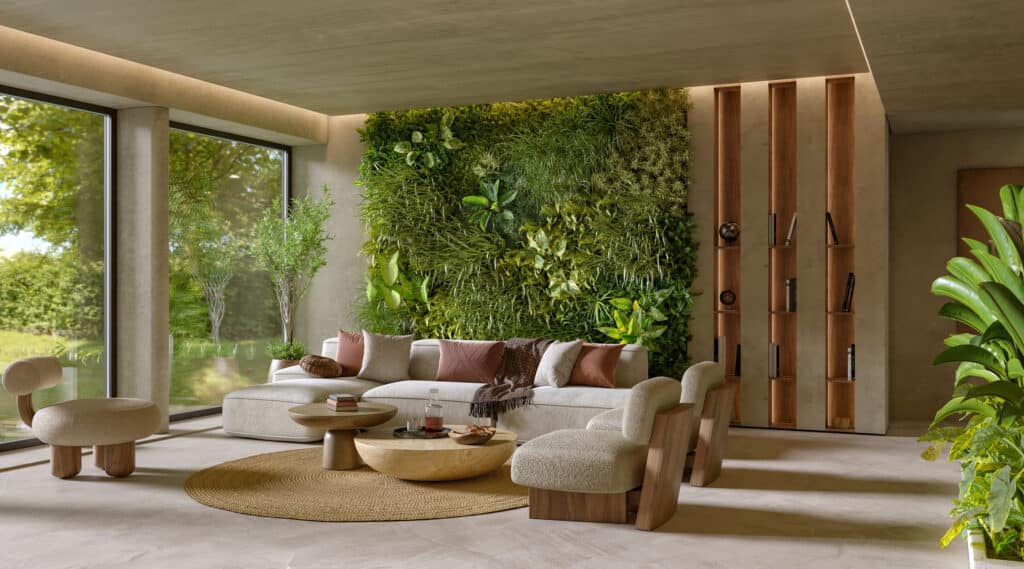 A luxury living room features biophilic design elements like plenty of natural light and a plant wall.