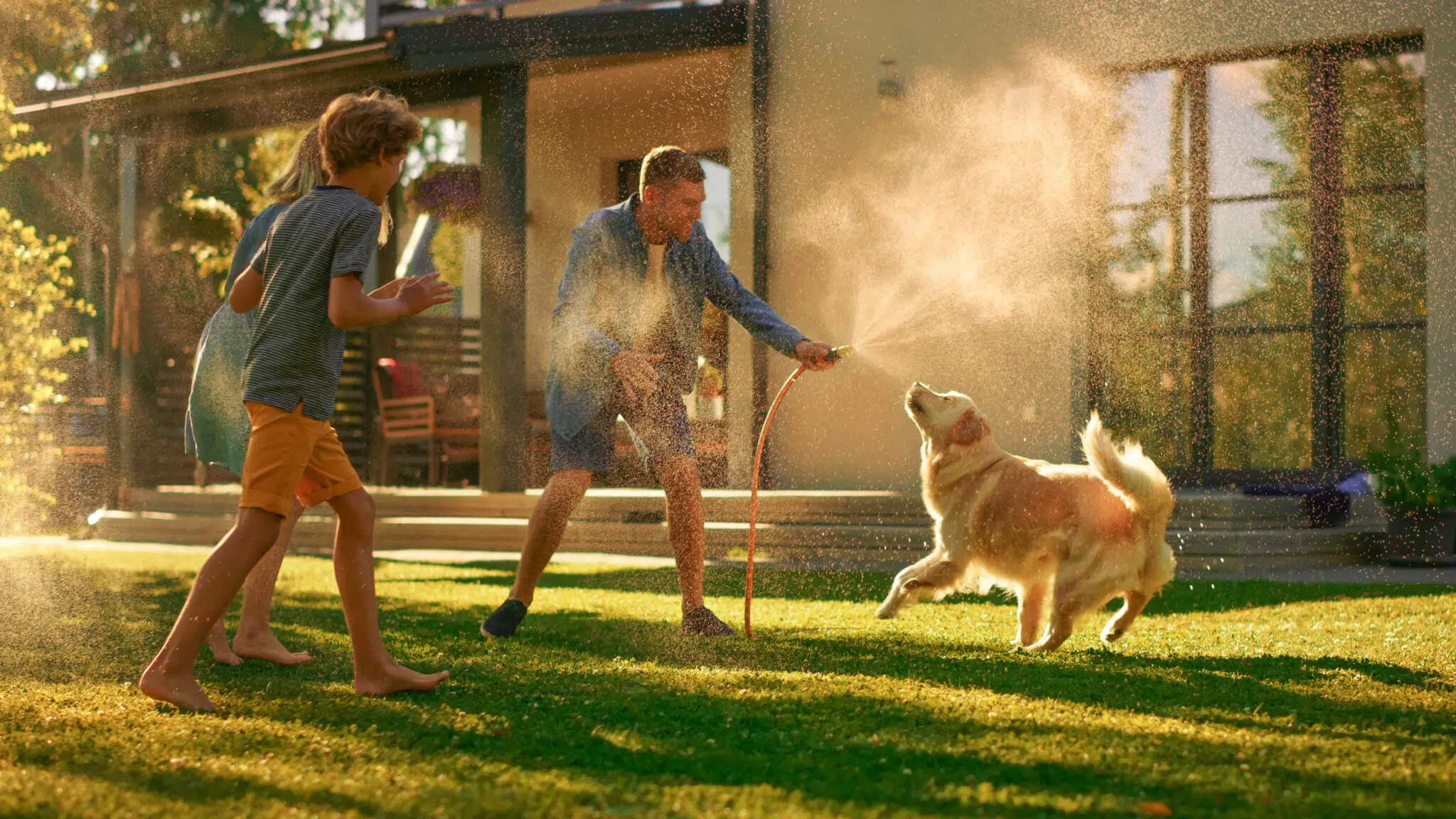 A family who has bought a lot of land for sale, plays with a dog in the front yard of their pet-friendly custom built home.