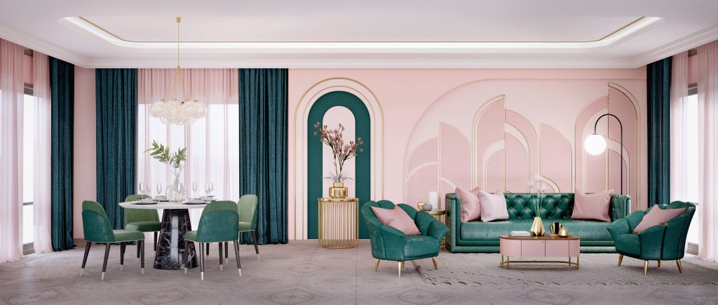 Panorama of art deco style living room and dining area with sofa,armchair.3d rendering