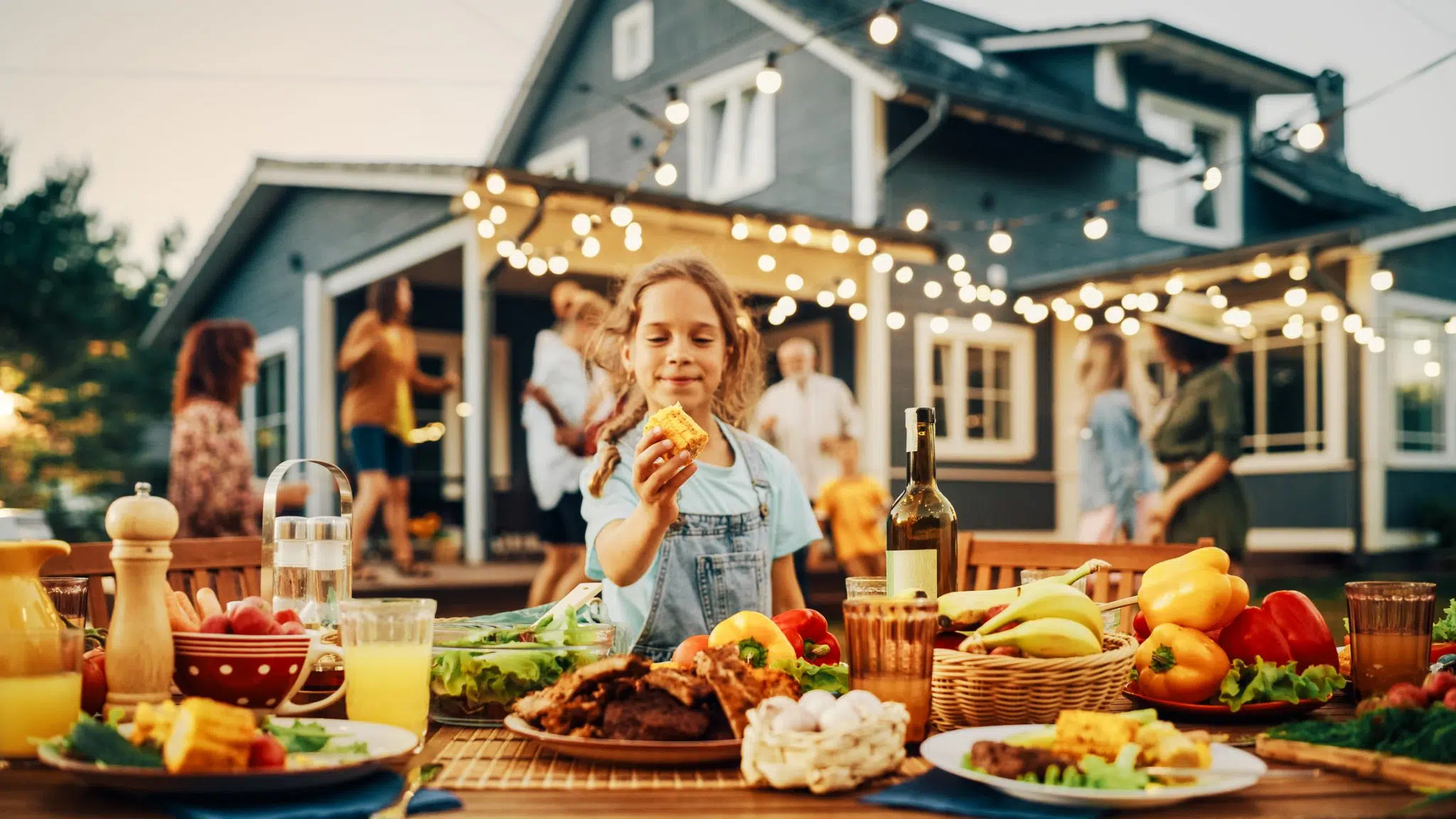 A young girl in front of her family’s custom home, taking food from a table laden with a beautiful summer meal.