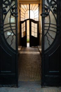 Black iron doors in old building in Lviv, Ukraine