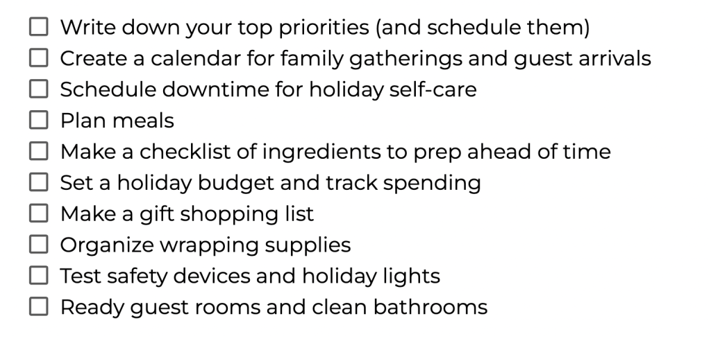 An example of a holiday checklist that features the main points and tips in this blog. 
