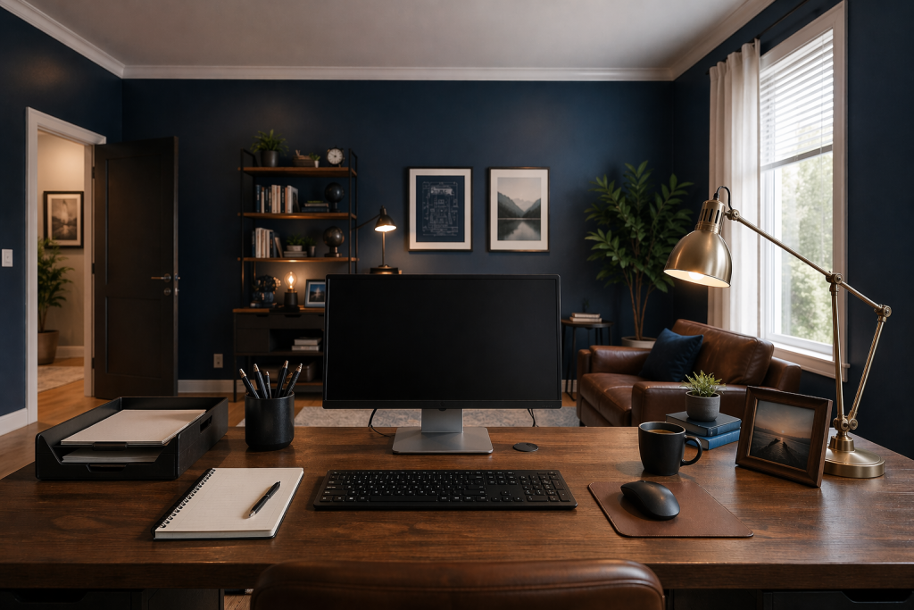 Modern home office view from a desk in the command position. Showing a monitor, desk accessories, a window to the right and a door to the far left.