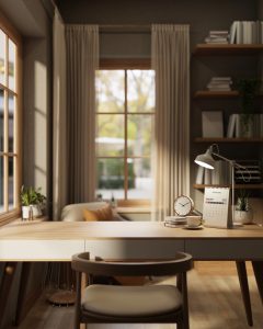 View of a desk facing a room with plenty of natural life and a seating area and bookshelf in the distance.