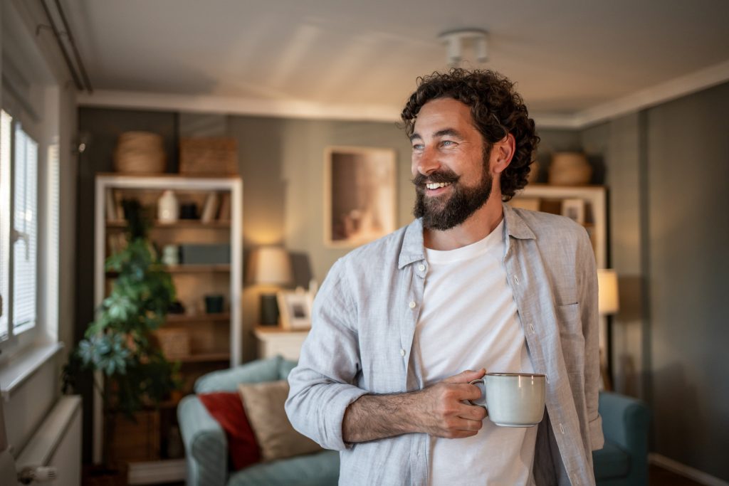 Man enjoying coffee in a sunlit living room, reflecting the calm morning routine of quiet suburban living